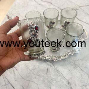 Antique German silver glass tray set with 6 glasses