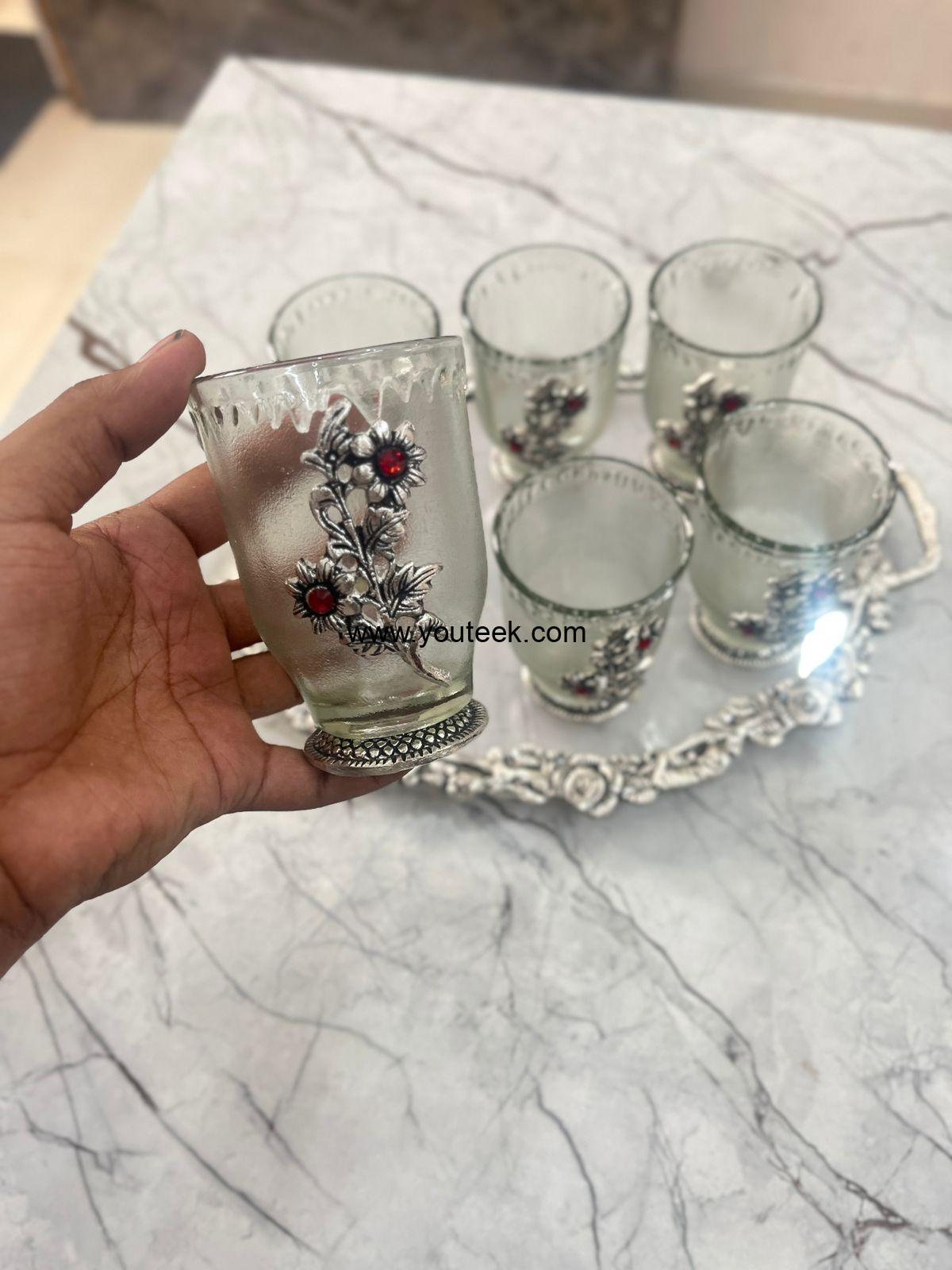 Antique German silver glass tray set with 6 glasses Antique German silver glass tray set with 6 glasses
