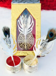 German Silver Krishna Flute with Peacock Feather Tilak Stick