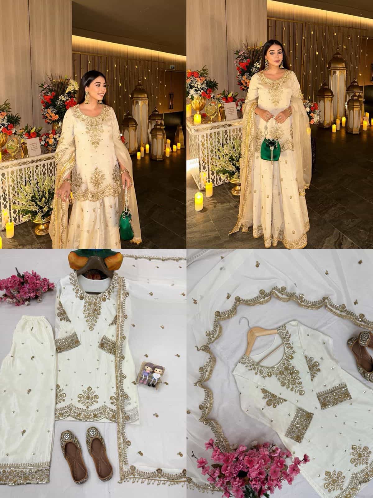 New Designer Chinnon Silk Kurti Palazzo Dupatta Set New Designer Chinnon Silk Kurti Palazzo Dupatta Set