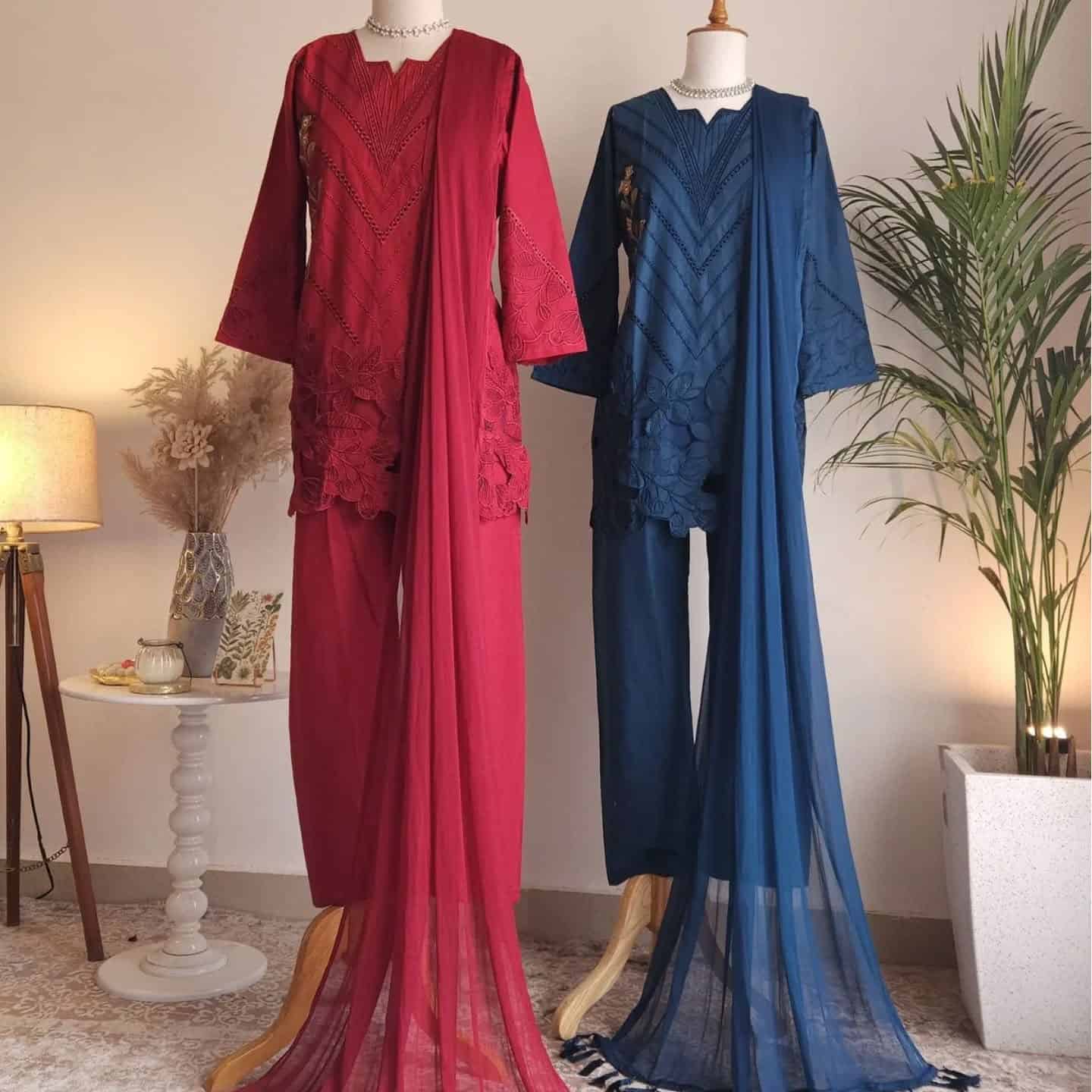 Cambric Cotton Embroidery Cutwork Red Blue Suit Set Cambric Cotton Embroidery Cutwork Red Blue Suit Set