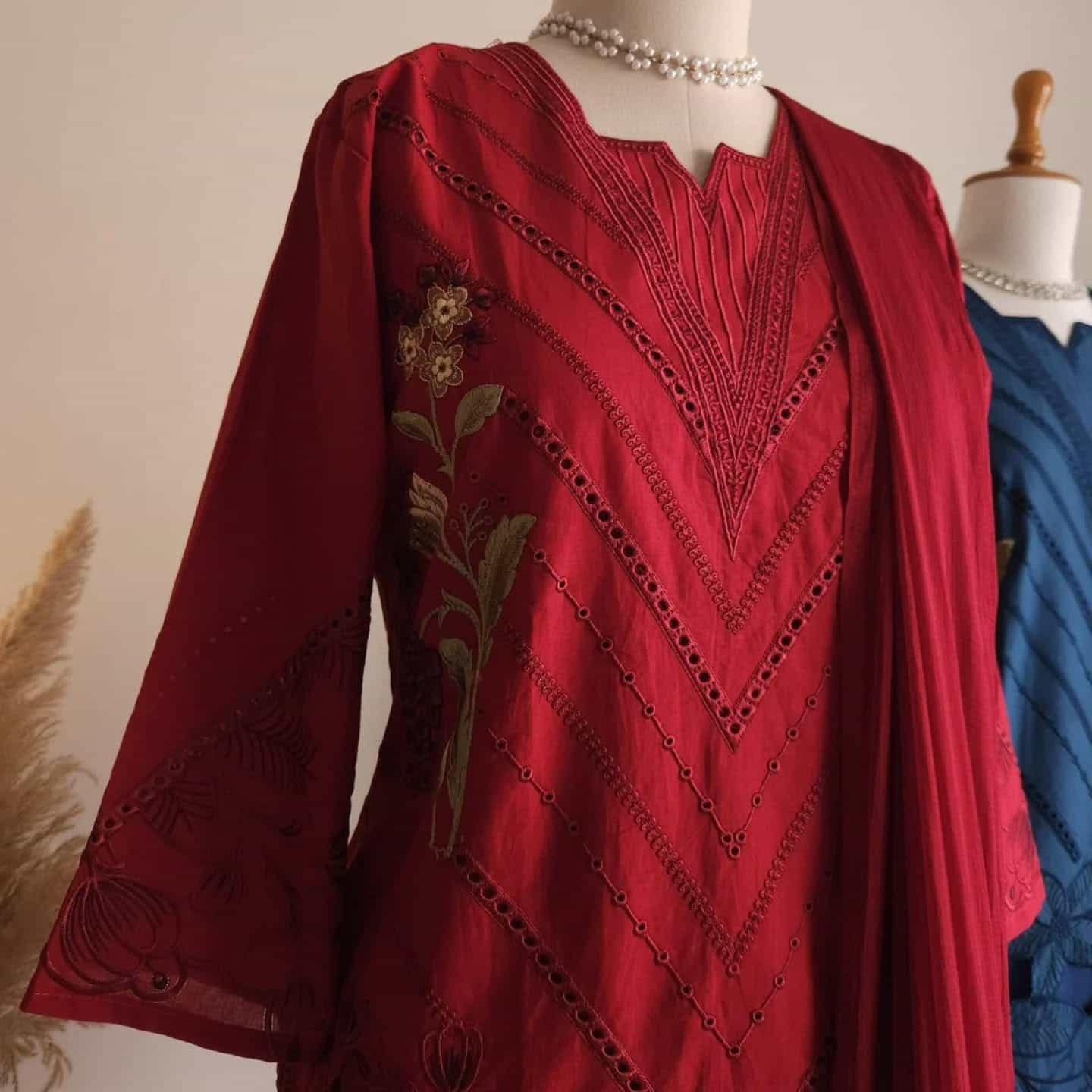 Cambric Cotton Embroidery Cutwork Red Suit Set Cambric Cotton Embroidery Cutwork Red Suit Set