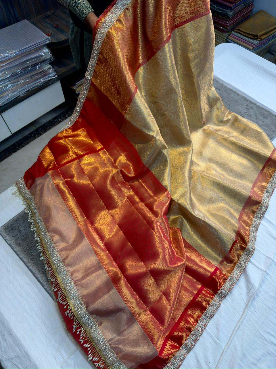 Premium Tissue Lace Saree 2026 – Limited Stock Party-Ready Luxury Elegance 1 <p dir="auto">Luxury tissue lace saree in soft banarasi tissue fabric with zari contrast border, full body waskat weaving, fancy lace pallu with tassels & lace-attached jaquard blouse. Best quality elegance ready to ship – flash sale limited stock!</p> banarsi saree
