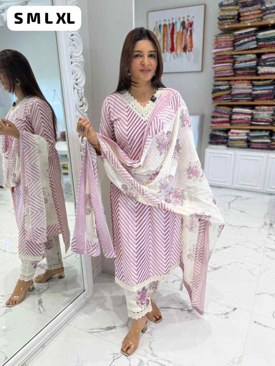 PREMIUM QUALITY Cotton Straight Kurti Pant Dupatta Set 2026 1 Beat the heat in our super comfortable & beautiful Cotton straight kurti with pant and Mal mal dupatta Set. Premium cotton fabric with delicate heavy crosia lace work on the yoke. Perfect for festive vibes, daily elegance & casual chic looks in Premium Cotton 60×60. 🌿 Cotton Straight Kurti Pant Dupatta Set