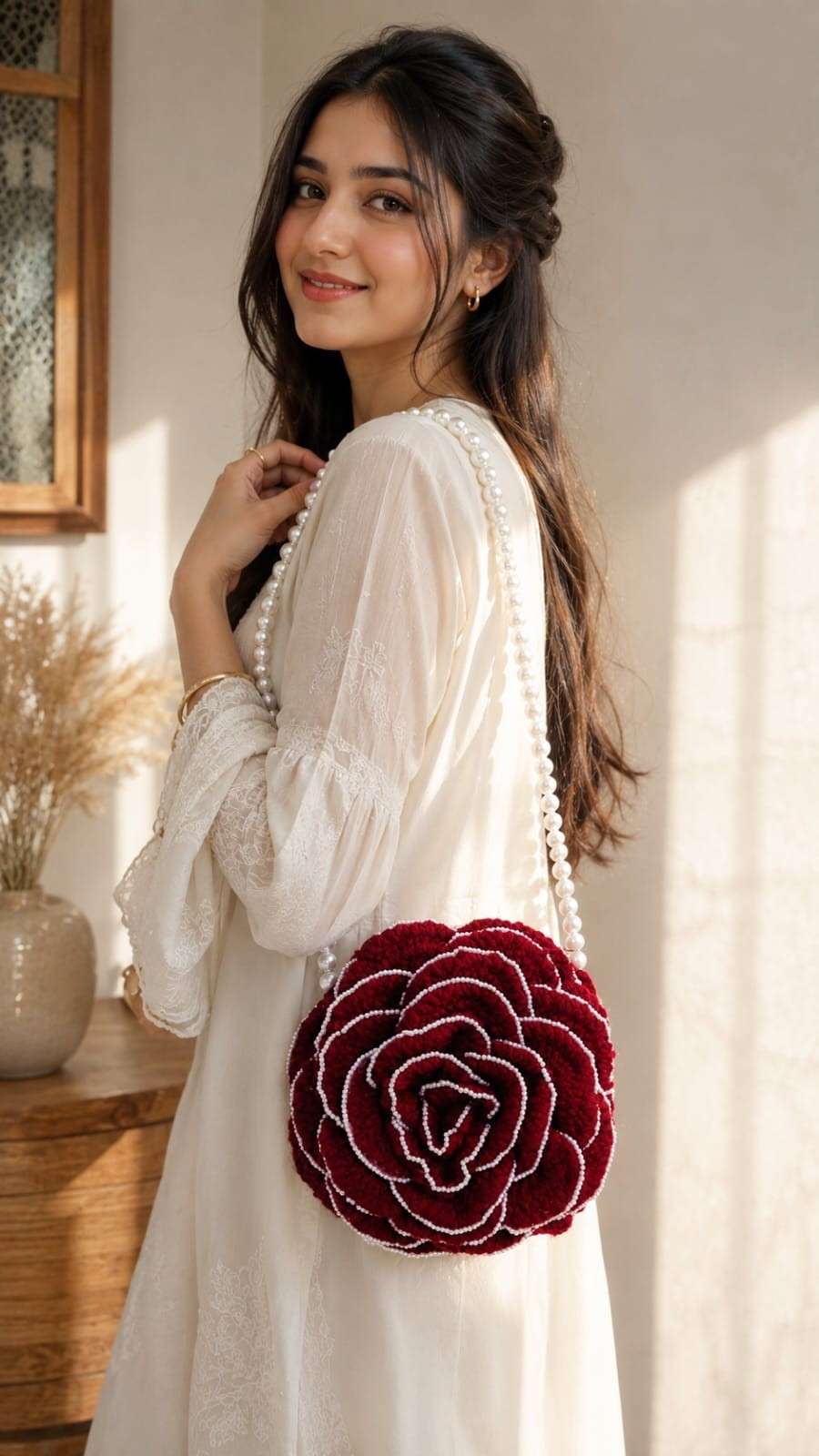 Crochet Flower Sling Bag 2026 – Handcrafted Pearl Handle Bag | Youteek 1 Beautifully handcrafted Crochet Flower Sling Bag with a premium pearl handle, available in single or double side flower designs. Fully customizable in any colour of your choice – perfect for casual outings, festive looks, and thoughtful gifting. Crochet Flower Sling Bag
