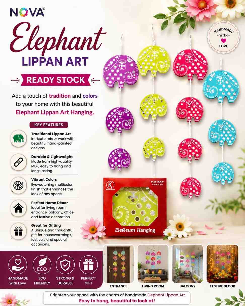 Elephant Lippan Art 2026 | Traditional Mirror Work Wall Decor 1 Add auspicious charm with this stunning Elephant Lippan Art featuring traditional mirror work. Affordable traditional wall decor – ideal for homes and temples. Elephant-Lippan-Art
