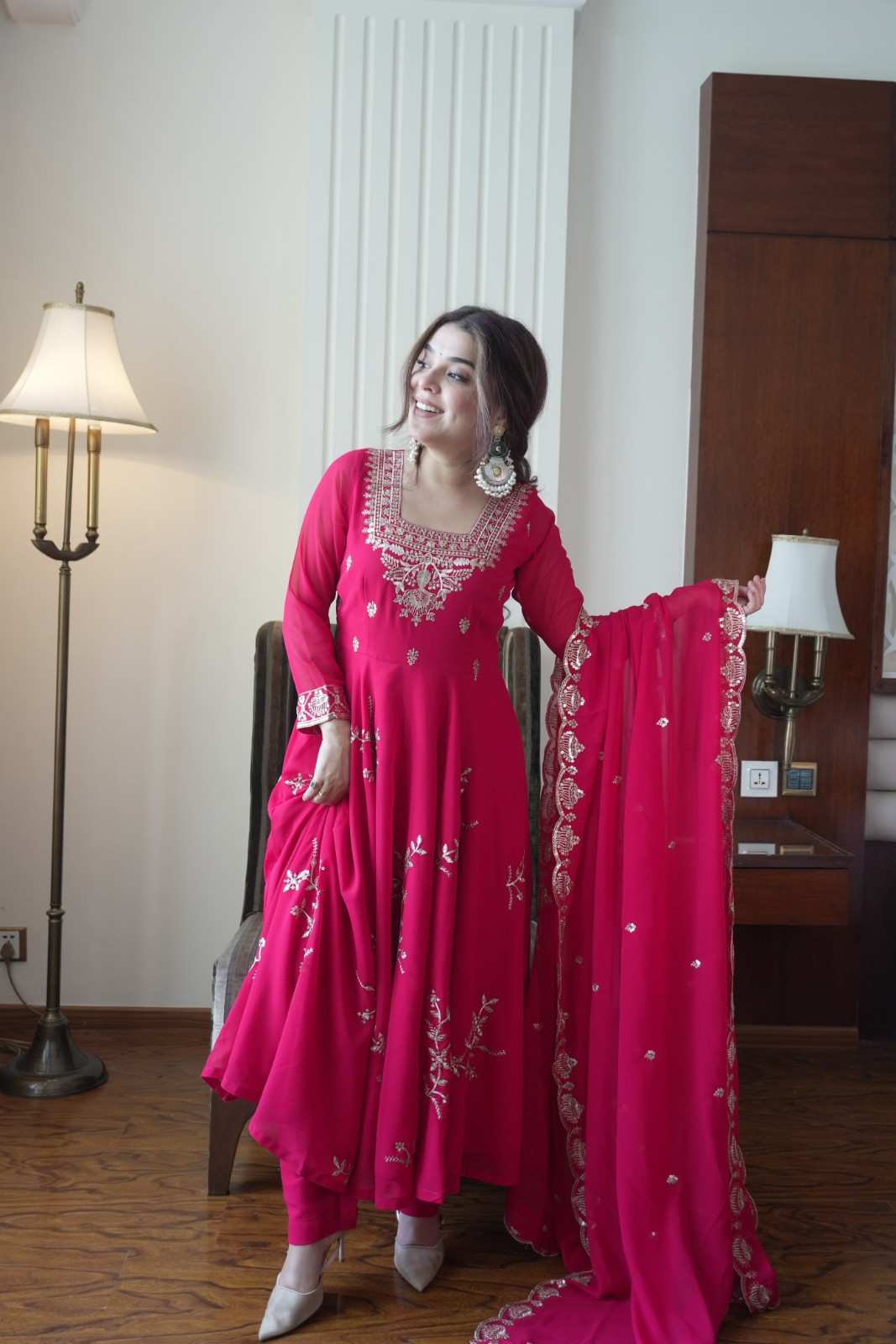 Sequence Embroidery Georgette Anarkali Gown 2026 - Timeless Grace Modern Muse 1 TIMELESS GRACE, MODERN MUSE. NOW AVAILABLE IN 4 COLOURS. REAL MODELLING of Sequence Embroidery Georgette Anarkali Gown with Pant & Dupatta in premium Fox Georgette. Heavy Sequence Embroidery Work on Kurti & Dupatta. Perfect 3-piece set to glam up your next celebration. FOX-GEORGETTE-_-SEQUENCE-EMBROIDERY-WORK