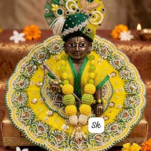 green laddu gopal poshak, gl poshak, moti work lehenga, laddu gopal dress, green poshak with pagdi, youteek
