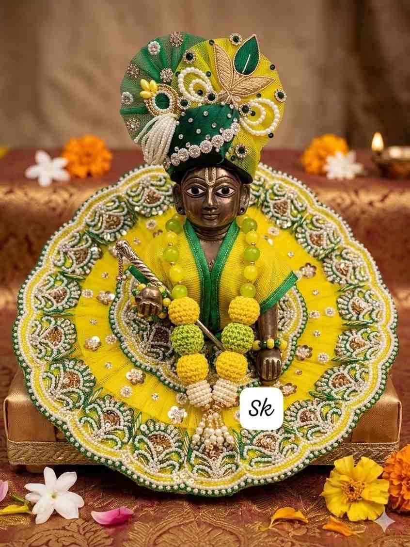 Green Laddu Gopal Poshak with Moti Work 2026 | + Pagdi& Mala | Youteek 1 Stunning Green Laddu Gopal Poshak with exquisite moti work in GL design. Custom per inch pricing with pagdi – perfect traditional dress for your Laddu Gopal Ji. green laddu gopal poshak, gl poshak, moti work lehenga, laddu gopal dress, green poshak with pagdi, youteek