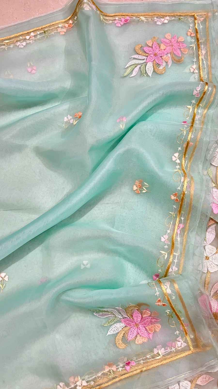 Hand Embroidered Parsi Gara Organza Suit 2026 | Pure Organza Kurta Dupatta Set | Youteek 5 Exquisite Hand Embroidered Parsi Gara Organza Suit in elegant Sea Green colour. Pure organza kurta and dupatta with superfine shadow work for a luxurious look. Hand Embroidered Parsi Gara Organza Suit 2026 | Pure Organza Kurta Dupatta Set | Youteek - Image 5