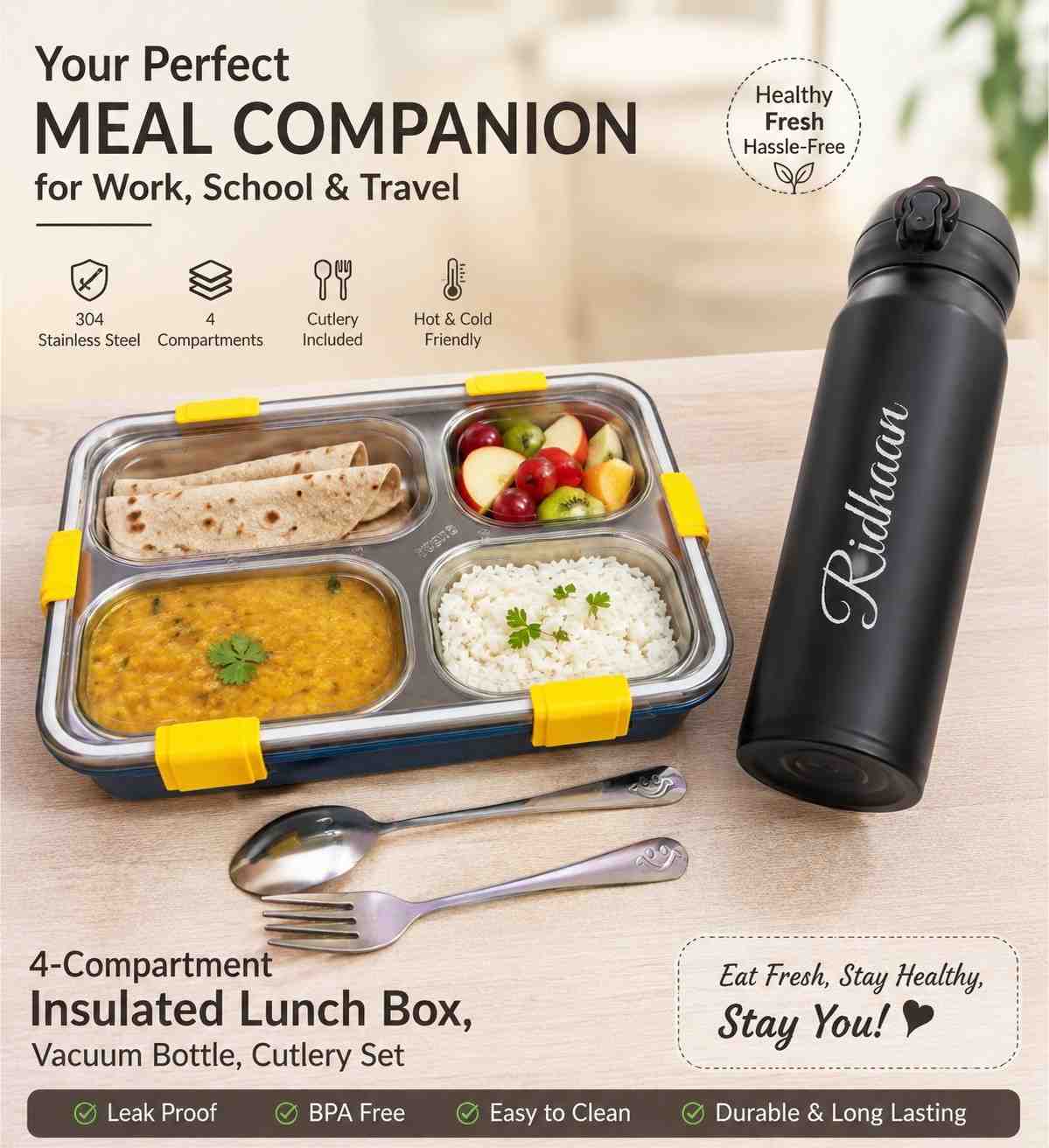 Personalized Insulated Lunch Box Combo 2 Complete 4-partition Insulated Lunch Box set featuring a matching 550ml insulated sipper bottle and stainless steel cutlery set. Customizable with any name on both the lunch box and sipper – available in Blue, Green & Pink. Personalized Insulated Lunch Box Combo
