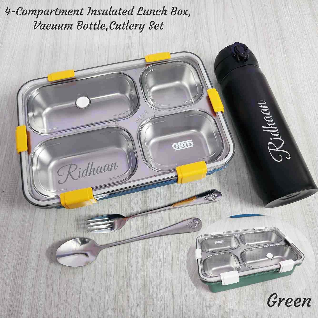 Personalized Insulated Lunch Box Combo 1 Complete 4-partition Insulated Lunch Box set featuring a matching 550ml insulated sipper bottle and stainless steel cutlery set. Customizable with any name on both the lunch box and sipper – available in Blue, Green & Pink. Personalized Insulated Lunch Box Combo
