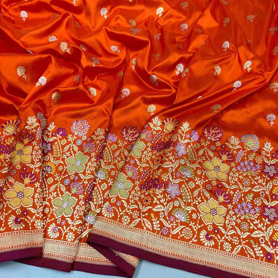 Pure Banarasi Katan Silk Saree 2026 – Kesari Orange with Meenakari Border | Timeless Banarasi 4 Exquisite Pure Banarasi Katan Silk Saree in vibrant burnt orange (Kesari) with delicate gold zari butis and grand floral Meenakari border & pallu. Luxurious traditional weave ideal for weddings and special occasions – free shipping included. Pure Banarasi Katan Silk Saree 2026 – Kesari Orange with Meenakari Border | Timeless Banarasi - Image 4