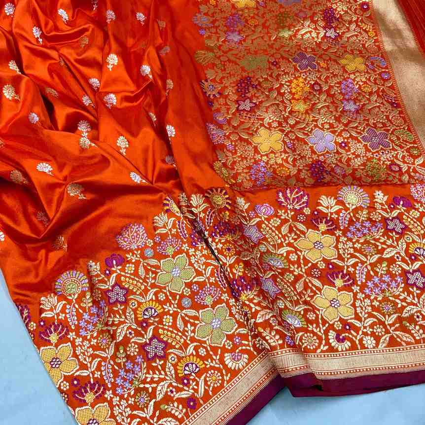Pure Banarasi Katan Silk Saree 2026 – Kesari Orange with Meenakari Border | Timeless Banarasi 3 Exquisite Pure Banarasi Katan Silk Saree in vibrant burnt orange (Kesari) with delicate gold zari butis and grand floral Meenakari border & pallu. Luxurious traditional weave ideal for weddings and special occasions – free shipping included. Pure Banarasi Katan Silk Saree 2026 – Kesari Orange with Meenakari Border | Timeless Banarasi - Image 3