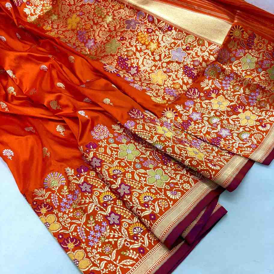 Pure Banarasi Katan Silk Saree 2026 – Kesari Orange with Meenakari Border | Timeless Banarasi 2 Exquisite Pure Banarasi Katan Silk Saree in vibrant burnt orange (Kesari) with delicate gold zari butis and grand floral Meenakari border & pallu. Luxurious traditional weave ideal for weddings and special occasions – free shipping included. Pure Banarasi Katan Silk Saree 2026 – Kesari Orange with Meenakari Border | Timeless Banarasi - Image 2