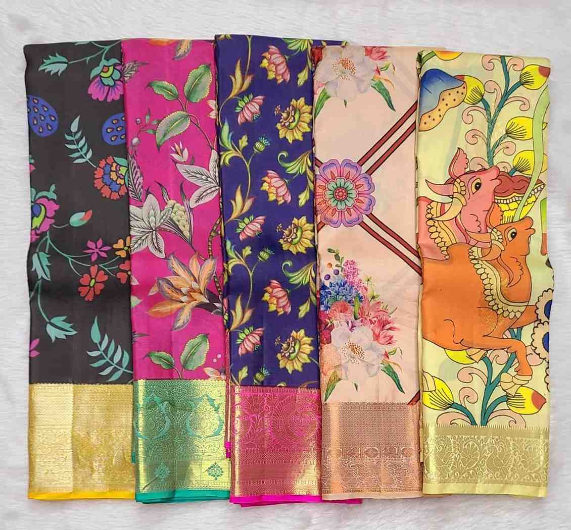 2 <p dir="auto">100% Pure Kanchipuram Handwoven Kalamkari Silk Saree with 1 Gram Gold Pure Zari Weaving and Silk Mark Certificate. Premium lightweight double warp digital print weaving offering smooth silky feel. Elegant 1G small border premium quality silk saree perfect for weddings, festivals and celebrations.</p> - Image 2