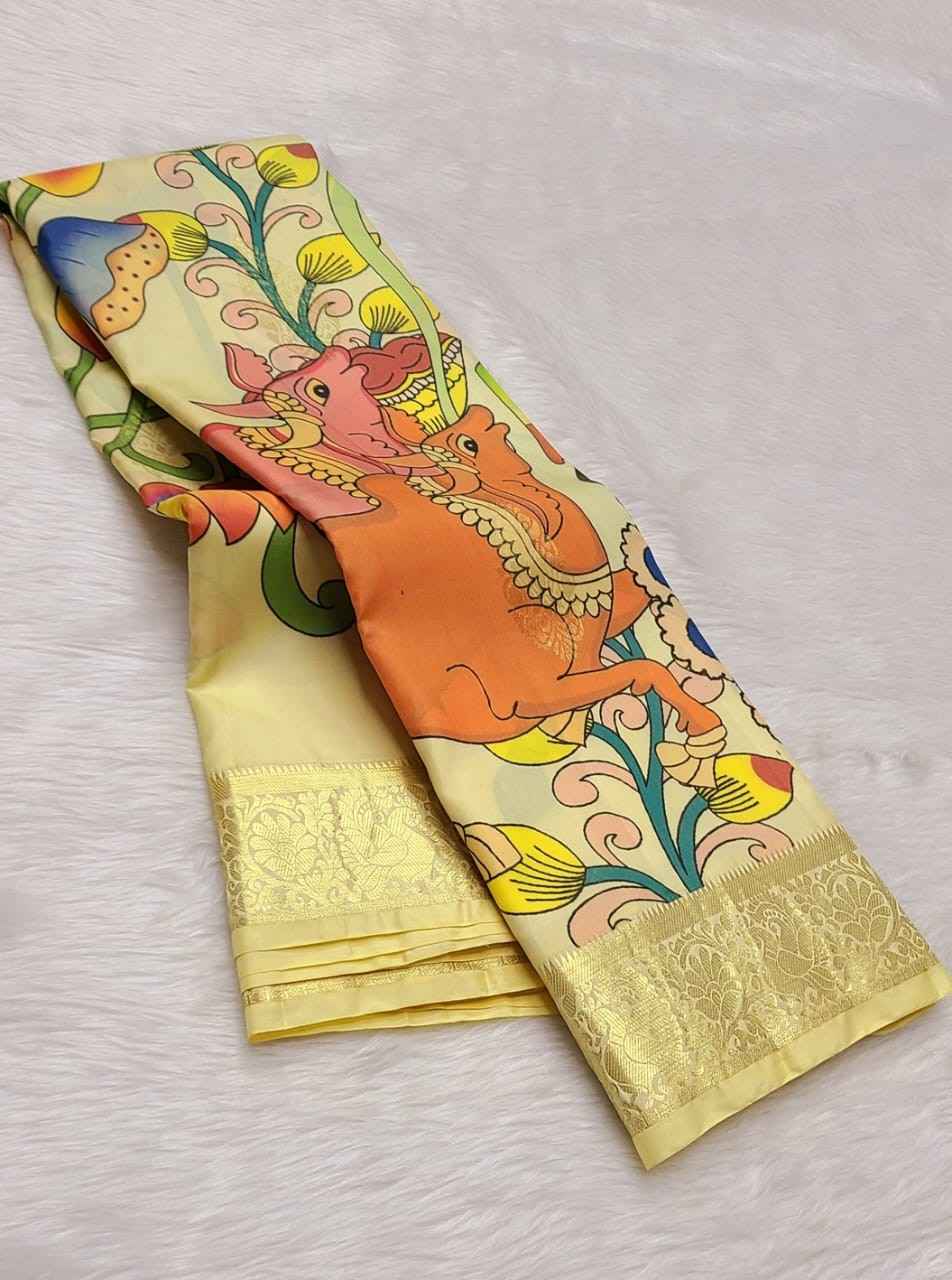 7 <p dir="auto">100% Pure Kanchipuram Handwoven Kalamkari Silk Saree with 1 Gram Gold Pure Zari Weaving and Silk Mark Certificate. Premium lightweight double warp digital print weaving offering smooth silky feel. Elegant 1G small border premium quality silk saree perfect for weddings, festivals and celebrations.</p> - Image 7