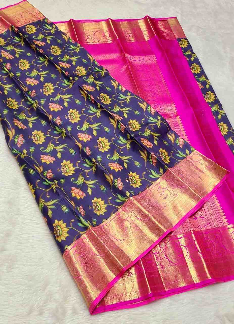 3 <p dir="auto">100% Pure Kanchipuram Handwoven Kalamkari Silk Saree with 1 Gram Gold Pure Zari Weaving and Silk Mark Certificate. Premium lightweight double warp digital print weaving offering smooth silky feel. Elegant 1G small border premium quality silk saree perfect for weddings, festivals and celebrations.</p> - Image 3