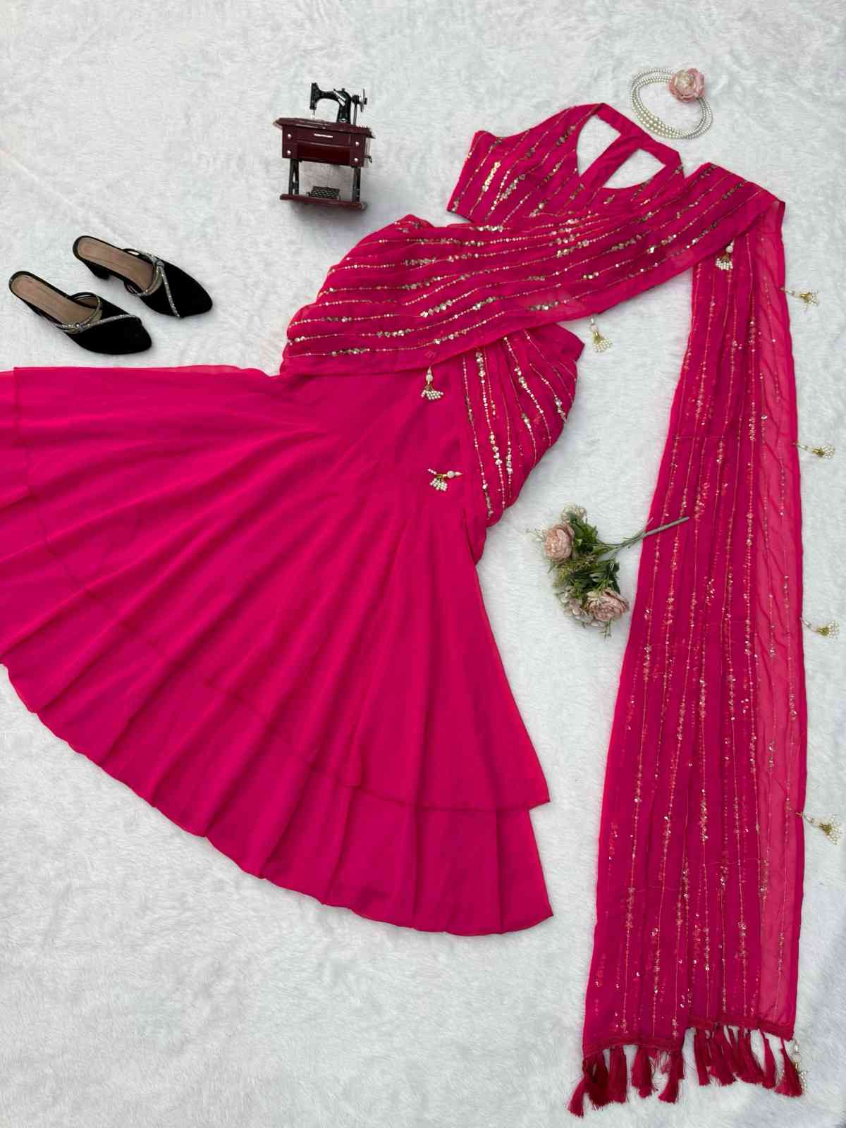 Ready to Wear Fishcut Lehenga Saree 2026 | Premium Designer Festive & Wedding Wear | Youteek 2 Elegant Ready to Wear Fishcut Lehenga Saree in luxurious faux georgette with heavy thread and sequence work for a glamorous look. Fully stitched lehenga with attached dupatta, soft lining, and perfect fit – ideal for weddings, sangeet, and festive celebrations. Ready to Wear Fishcut Lehenga Saree 2026 | Premium Designer Festive & Wedding Wear | Youteek - Image 2