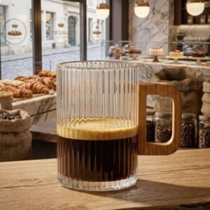 Ribbed Glass Cups with Wooden Handle Set of 6
