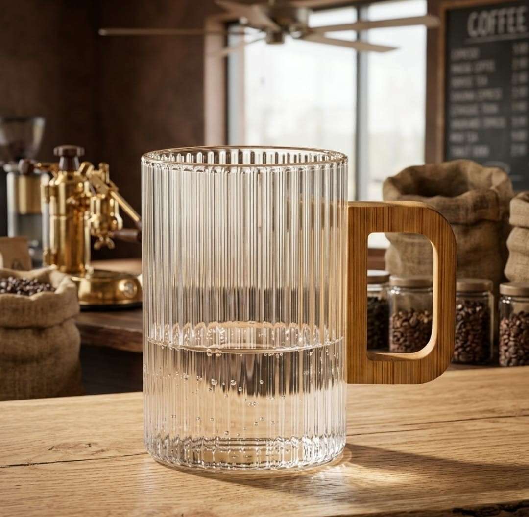 Ribbed Glass Cups with Wooden Handle Set of 6 2026 – Premium Daily Tea & Coffee Experience 3 Premium Ribbed Glass Cups with Wooden Handle – Set of 6, each 230ml capacity, perfect for tea, green tea, coffee and milk. Very good quality glass with elegant ribbed design and comfortable wooden handles for a stylish daily experience. Ribbed Glass Cups with Wooden Handle Set of 6 2026 – Premium Daily Tea & Coffee Experience - Image 3