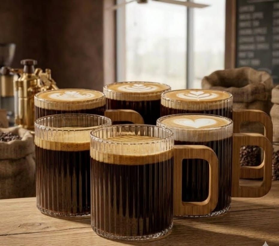 Ribbed Glass Cups with Wooden Handle Set of 6 2026 – Premium Daily Tea & Coffee Experience 2 Premium Ribbed Glass Cups with Wooden Handle – Set of 6, each 230ml capacity, perfect for tea, green tea, coffee and milk. Very good quality glass with elegant ribbed design and comfortable wooden handles for a stylish daily experience. Ribbed Glass Cups with Wooden Handle Set of 6 2026 – Premium Daily Tea & Coffee Experience - Image 2