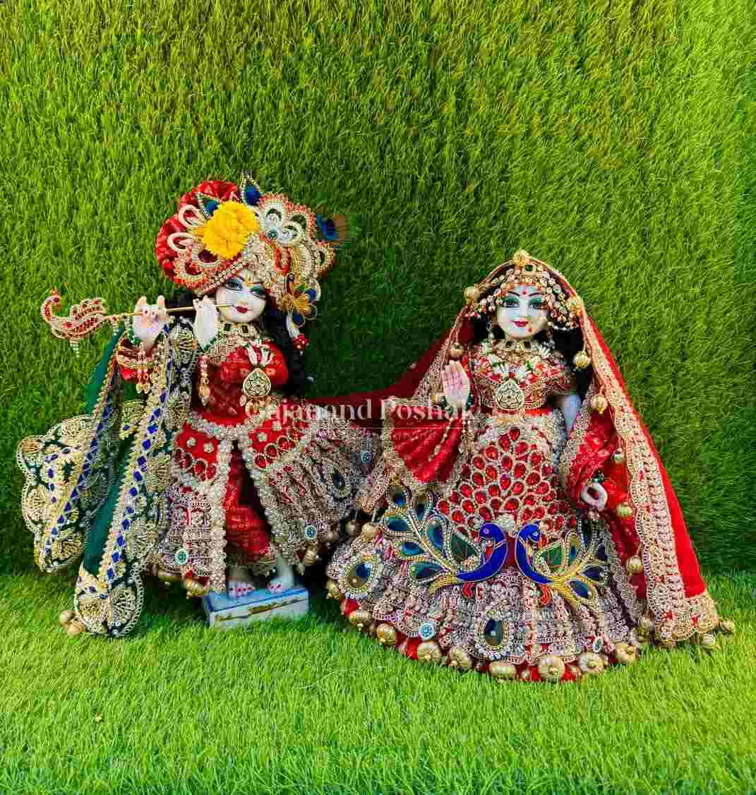 Radha Krishna Poshak Set 2026 | Royal Dress for Radha Rani & Kanha on Janmotsav | Youteek 1 Adorn Shri Radha Rani and beloved Kanha in royal poshak dress set on the joyous occasion of Shri Krishna Janmotsav. Designer lehenga blouse for Radha ji and complete attire for Krishna ji. Royal Radha Krishna Poshak Set