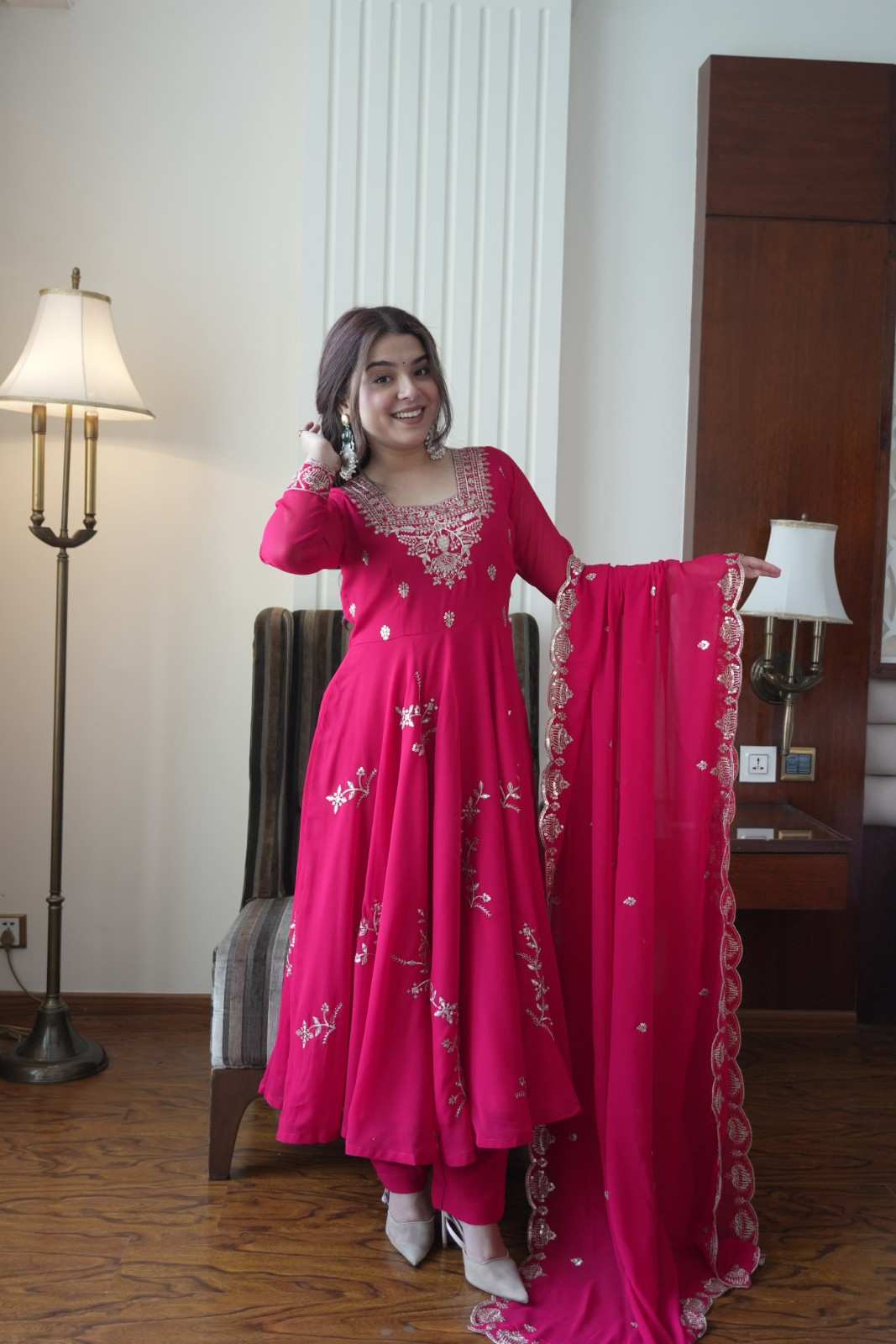Sequence Embroidery Georgette Anarkali Gown 2026 - Timeless Grace Modern Muse 2 TIMELESS GRACE, MODERN MUSE. NOW AVAILABLE IN 4 COLOURS. REAL MODELLING of Sequence Embroidery Georgette Anarkali Gown with Pant & Dupatta in premium Fox Georgette. Heavy Sequence Embroidery Work on Kurti & Dupatta. Perfect 3-piece set to glam up your next celebration. Sequence Embroidery Georgette Anarkali Gown 2026 - Timeless Grace Modern Muse - Image 2