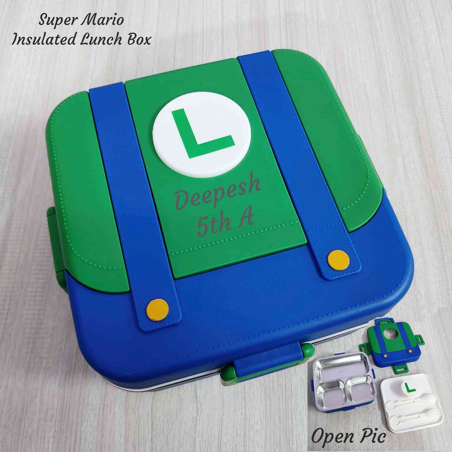 Super Mario Lunch Box 2026 – Personalized Stainless Steel | Youteek 2 750ml Super Mario Stainless Steel Lunch Box featuring 3 leak-proof compartments, a dedicated sauce cup, and reusable spoon & fork. Personalized with your child’s custom name, class, and section on the top lid – available in 2 vibrant colours. Super Mario Lunch Box 2026 – Personalized Stainless Steel | Youteek - Image 2