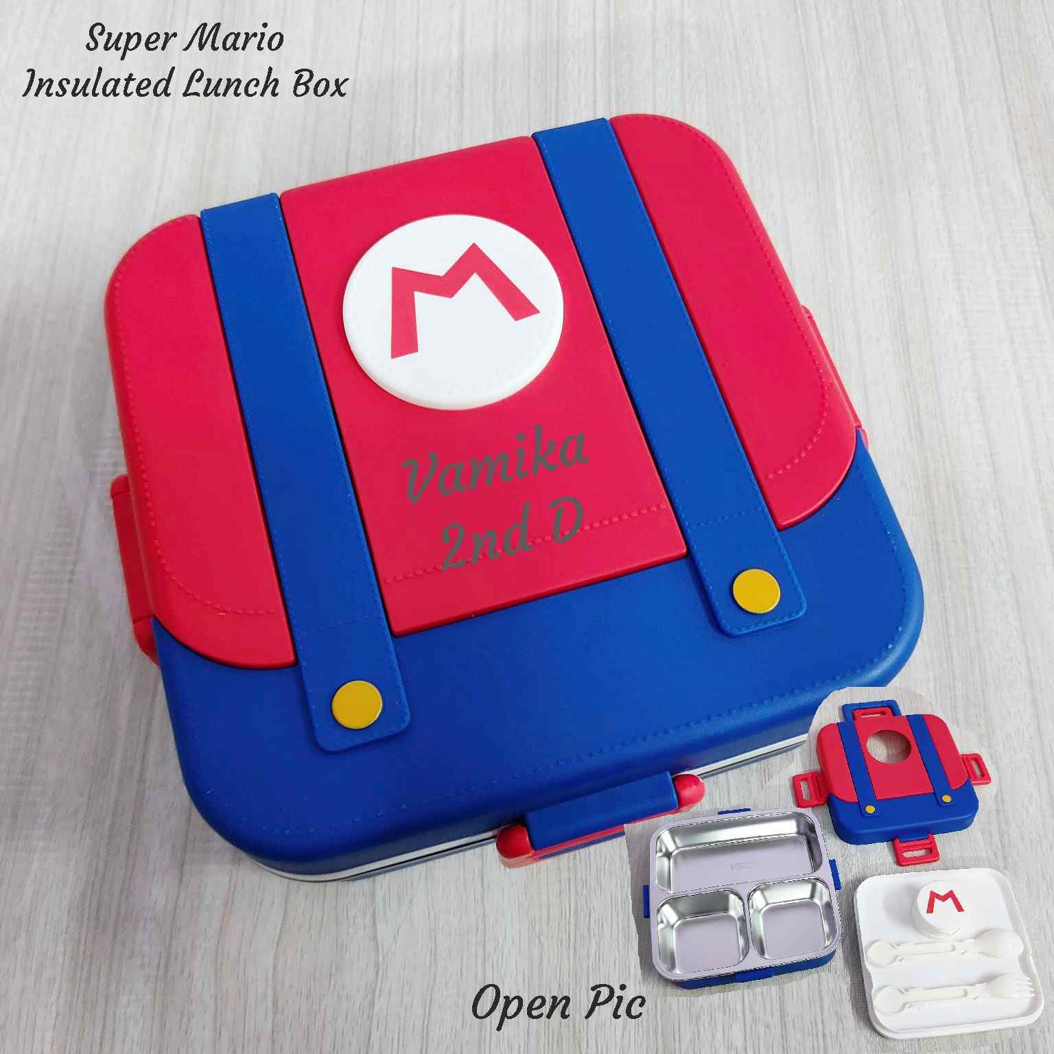 Super Mario Lunch Box 2026 – Personalized Stainless Steel | Youteek 1 750ml Super Mario Stainless Steel Lunch Box featuring 3 leak-proof compartments, a dedicated sauce cup, and reusable spoon & fork. Personalized with your child’s custom name, class, and section on the top lid – available in 2 vibrant colours. Super Mario Lunch Box