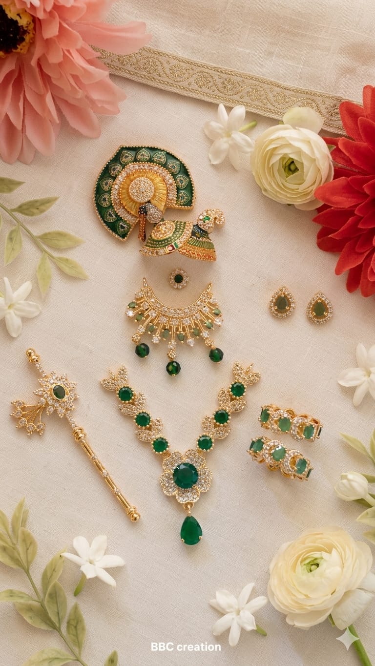 Laddu Gopal Emerald Green Jewelry Set 5 No 2026 | Complete Peacock Design 2 Exquisite Laddu Gopal Emerald Green Jewelry Set featuring peacock motifs, CZ stones and detailed craftsmanship. Complete set with Mukut, Haar, Kundal & more for 5 No. deity Laddu Gopal Emerald Green Jewelry Set 5 No 2026 | Complete Peacock Design - Image 2