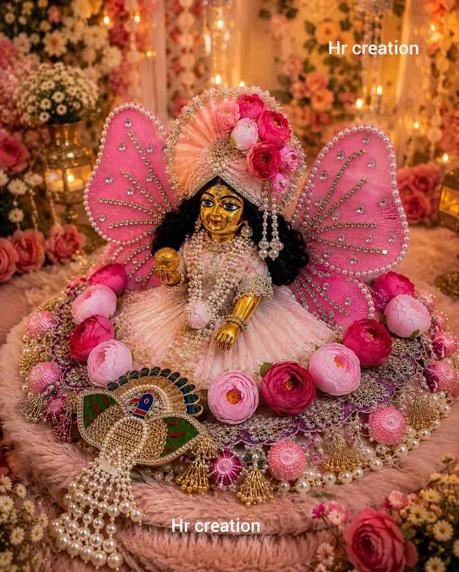 Floral Pink Butterfly Poshak for Janmashtami | Peacock Patch Special 1 Beautiful floral pink poshak with butterfly look and complete peacock patch, crafted specially for Janmashtami. Colour customisation available with express shipping pan India. floral pink butterfly poshak for janmashtami