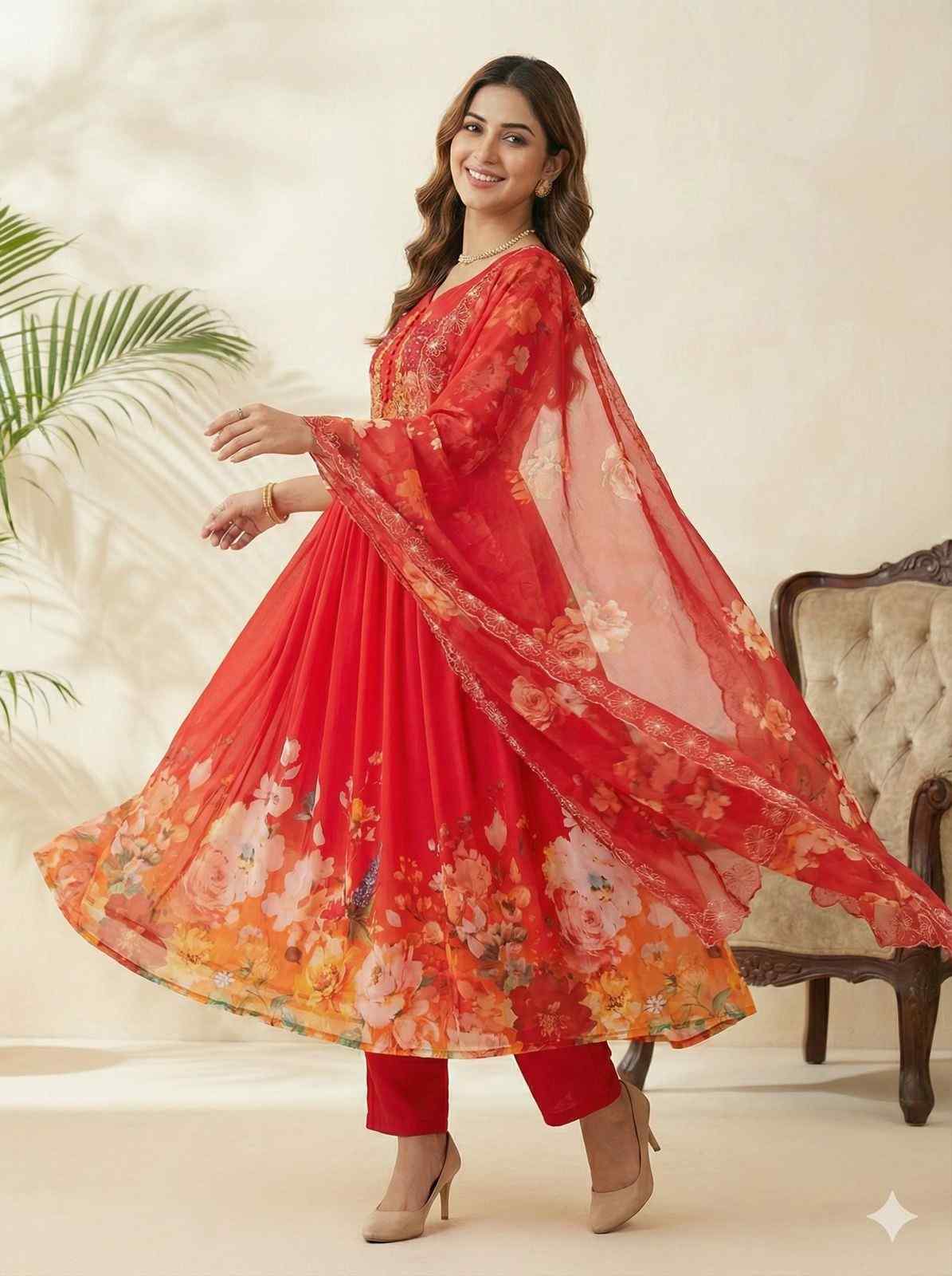 Fox Georgette Gown with Taby Silk Dupatta 1 <p dir="auto">Stunning fox georgette gown with taby silk dupatta DN-544 featuring heavy fox georgette fabric with handwork neck and sleeves, paired with heavy crepe pant and taby silk digital print dupatta with embroidery sequence work border.</p> fox-georgette-gown-with-taby-silk-dupatta