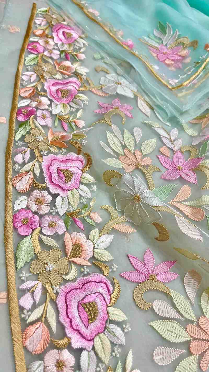 Hand Embroidered Parsi Gara Organza Suit 2026 | Pure Organza Kurta Dupatta Set | Youteek 2 Exquisite Hand Embroidered Parsi Gara Organza Suit in elegant Sea Green colour. Pure organza kurta and dupatta with superfine shadow work for a luxurious look. Hand Embroidered Parsi Gara Organza Suit 2026 | Pure Organza Kurta Dupatta Set | Youteek - Image 2