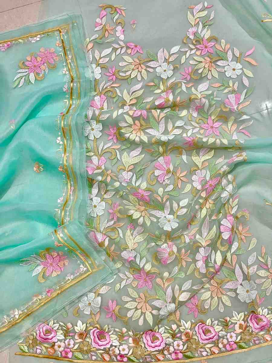 Hand Embroidered Parsi Gara Organza Suit 2026 | Pure Organza Kurta Dupatta Set | Youteek 1 Exquisite Hand Embroidered Parsi Gara Organza Suit in elegant Sea Green colour. Pure organza kurta and dupatta with superfine shadow work for a luxurious look. hand work parso gara organza suit