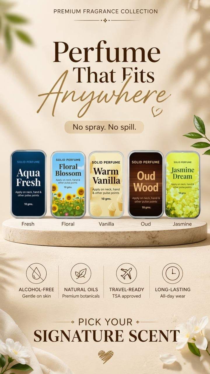 Solid Perfume 2026 Long Lasting Pocket Fragrance 1 <p dir="auto">Solid Perfume 10gm – Easy to carry, long-lasting fragrance in Floral Blossom, Warm Vanilla, Aqua Fresh, Jasmine Dreams & Oud Wood. Apply on pulse points anytime. Flash sale at ₹500!</p> solid-perfume