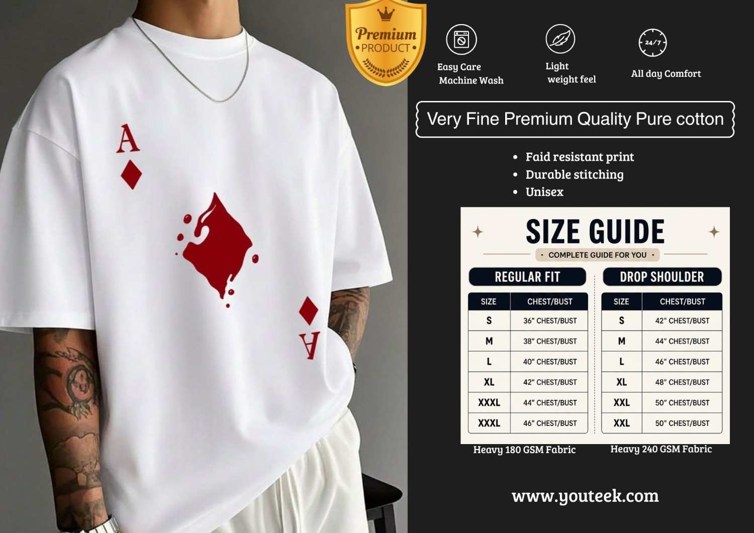 Ace Tshirt 2026 – Bold Red Card Style A Graphic Tee | Youteek 1 Stylish Ace Tshirt featuring a bold red capital A in classic playing card design on soft premium cotton. Clean, minimal and eye-catching regular fit tee perfect for casual everyday wear. Ace Tshirt