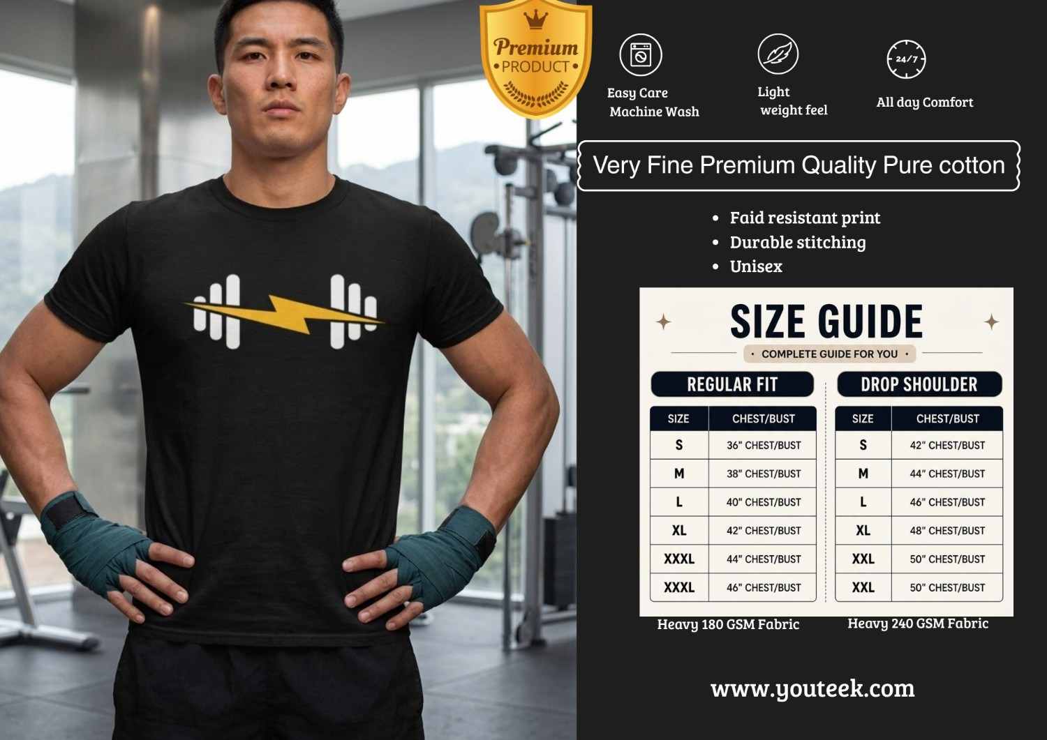 Black Gym Round Neck Tshirt 2026 – Soft Cotton Basic Tee | Youteek 1 Classic Black Gym Round Neck Tshirt made from soft premium cotton with comfortable round neck. Ideal regular-fit basic tee for workouts, training days and everyday casual wear. Black Gym Round Neck Tshirt