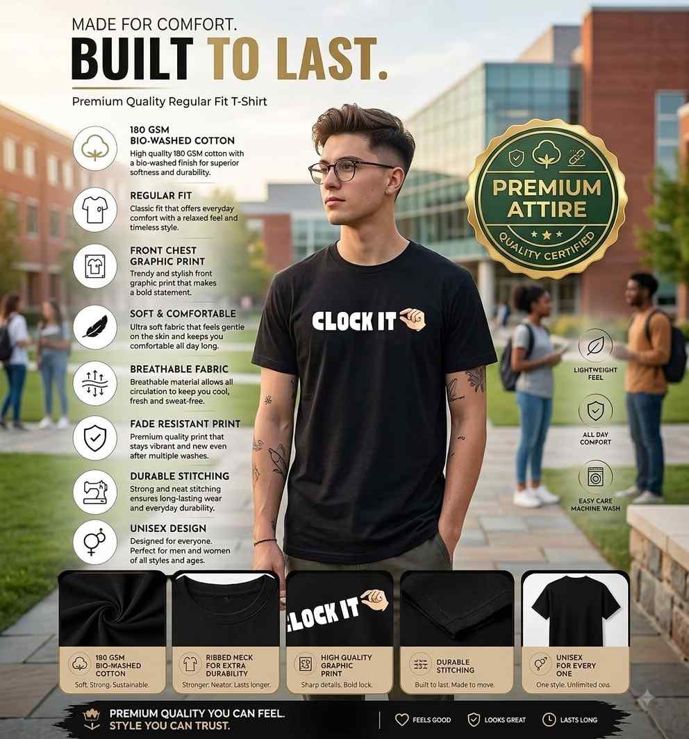 Clock It Tshirt | Premium Pure Cotton Casual Tee 1 <p dir="auto">Clock It Tshirt - Premium pure cotton casual tee with stylish design. Soft, breathable and perfect for everyday wear. Available at Youteek with Express Shipping Pan India. Shop now!</p> Clock It Tshirt