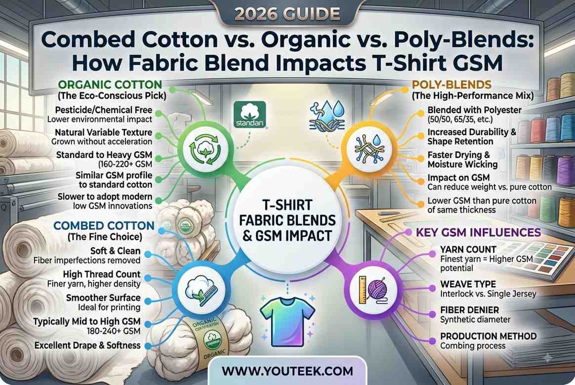 Combed Cotton vs. Organic vs. Poly-Blends: How Fabric Blend Impacts T-Shirt GSM (2026 Guide) 1 Combed Cotton vs. Organic vs. Poly-Blends