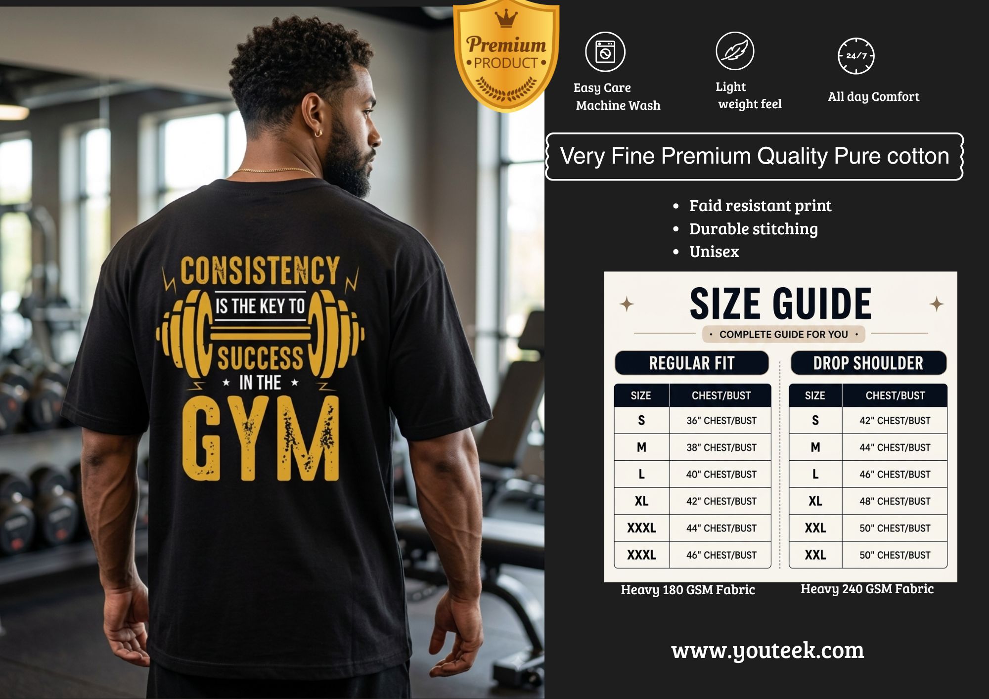 Consistency Is The Key To Success In The Gym Tshirt 2026 – Motivational Tee | Youteek 1 Motivational Consistency Is The Key To Success In The Gym Tshirt with bold fitness quote on soft premium cotton. Ideal regular-fit tee for gym sessions, training days and everyday casual wear. Consistency Is The Key To Success In The Gym Tshirt
