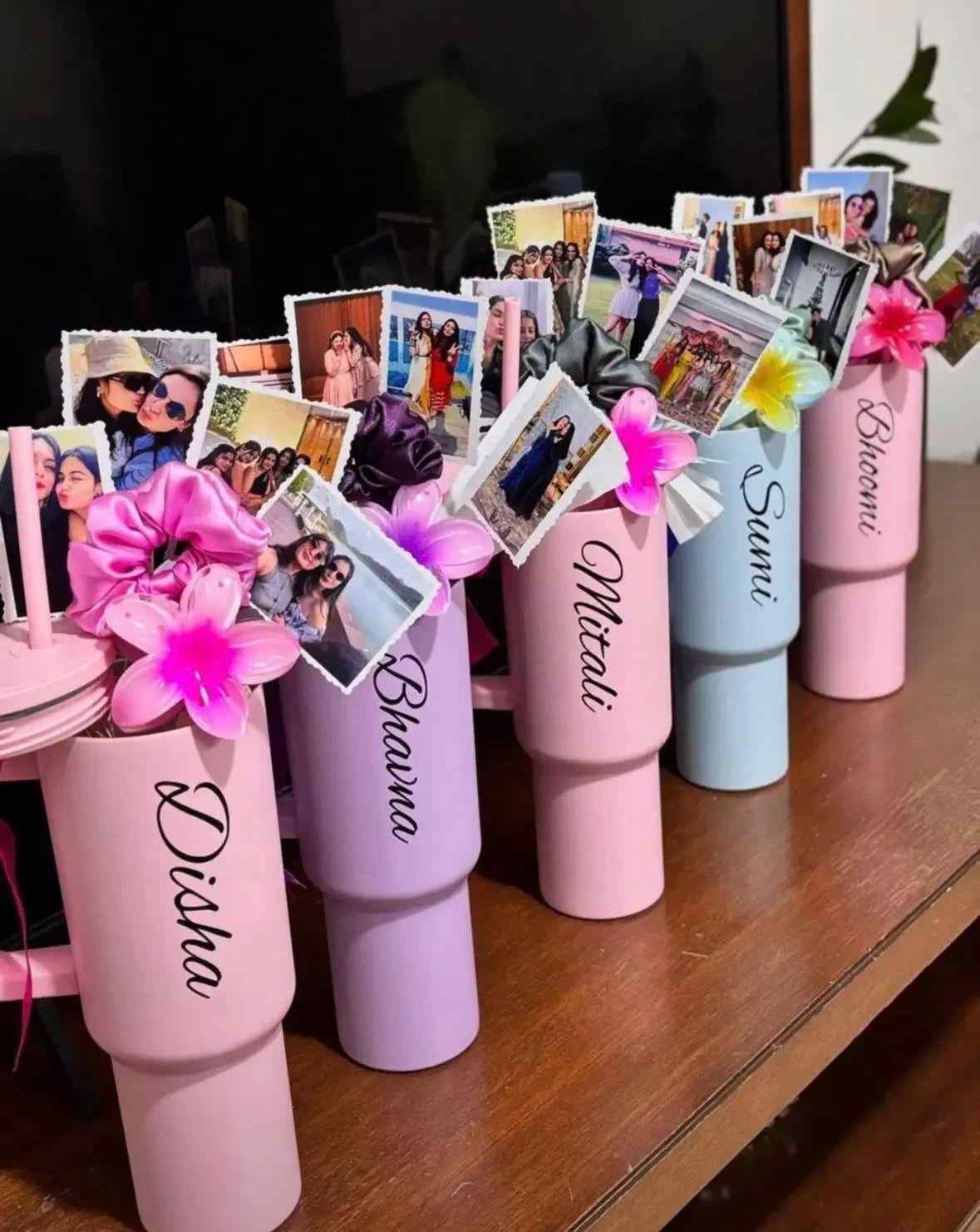 Customised Cute Tumbler Gift Set for Her 2026 | Bridesmaids Gift Hamper | Youteek 2 Surprise her with this Customised Cute Tumbler Gift Set for Her. Includes name tumbler, 3 photos, scrunchie and clutcher – perfect for birthdays or bridesmaids. Customised Cute Tumbler Gift Set for Her