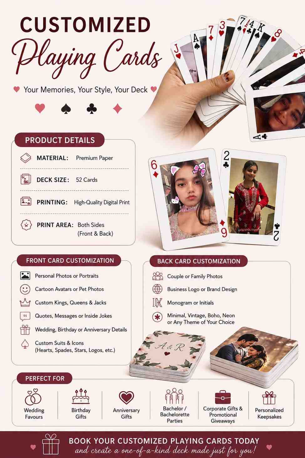 Customized Playing Cards 2026 – Personalized Photo Deck | Youteek 1 Customized Playing Cards featuring high-quality digital print on both sides – personalize with photos, avatars, logos, quotes or any theme. Perfect unique gift for weddings, birthdays, anniversaries, corporate events or personal keepsakes with 3–5 working days making time. Customized Playing Cards