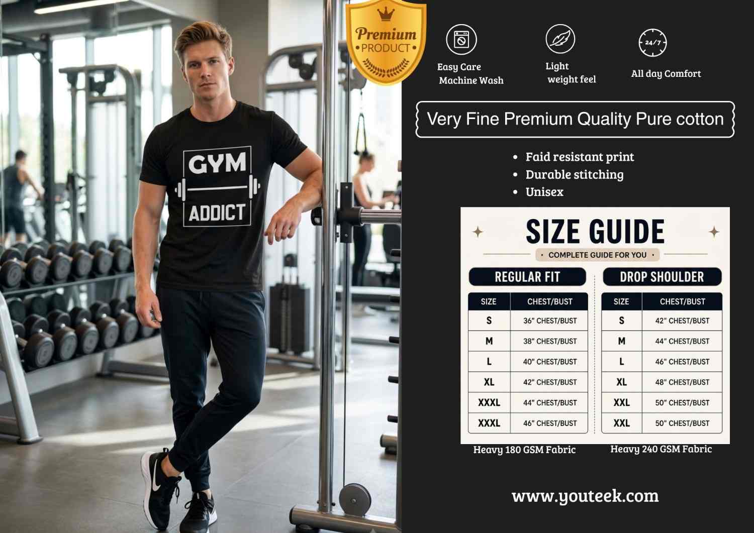 Gym Addict Tshirt 2026 – Bold Fitness Graphic Tee | Youteek 1 Bold Gym Addict Tshirt with strong fitness print on soft premium cotton fabric. Ideal regular-fit tee for serious gym lovers, training sessions and casual wear. Gym Addict Tshirt