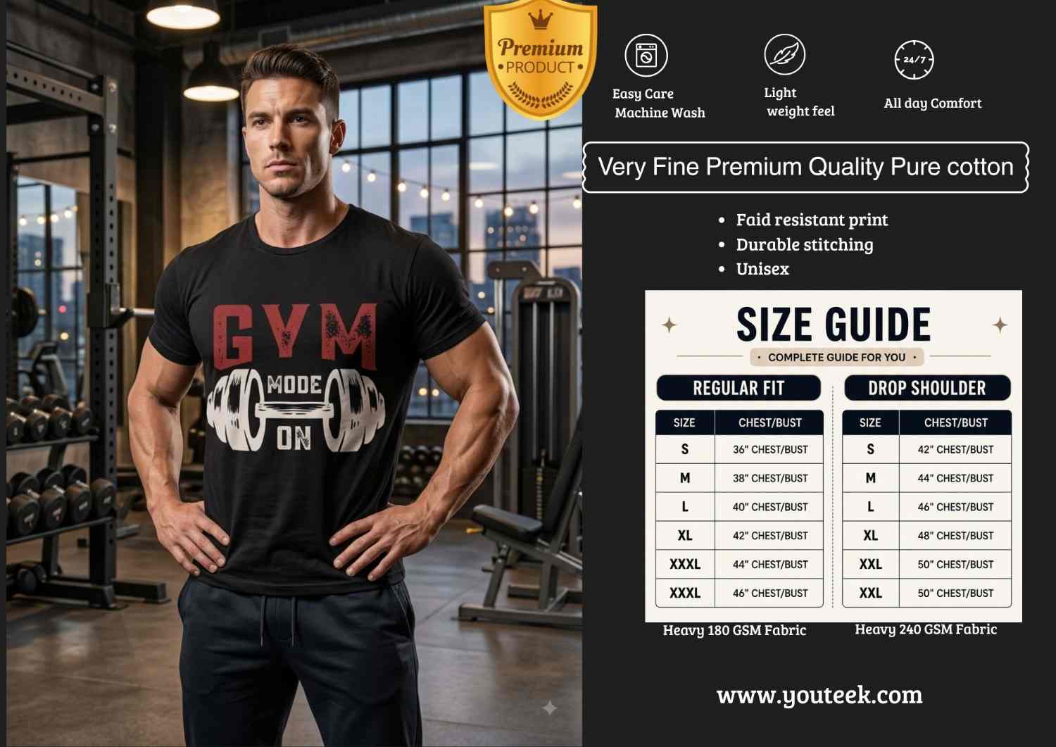 Gym Mode On Tshirt 2026 – Bold Motivational Workout Tee | Youteek 1 Bold Gym Mode On Tshirt with clear motivational print on soft premium cotton fabric. Ideal regular-fit tee for workouts, training days and casual everyday style. Gym Mode On Tshirt