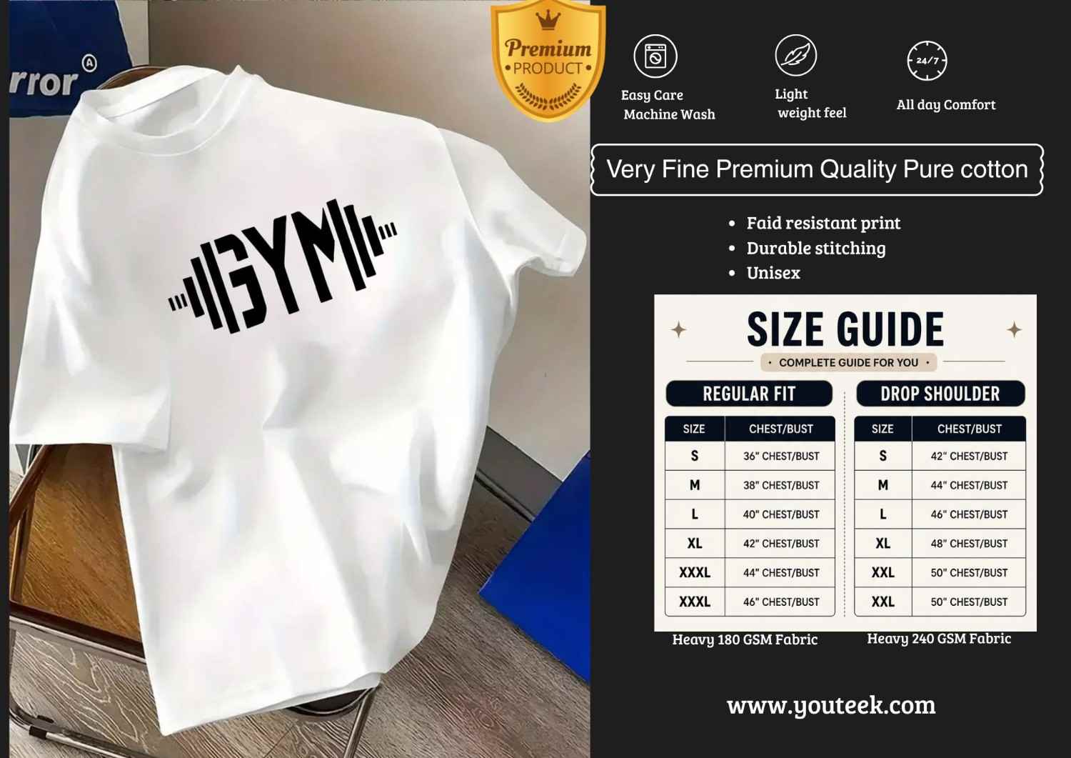 Gym Oversized White Tshirt 2026 – Soft Cotton Pure White Tee | Youteek 1 Clean Gym Oversized White Tshirt made from soft premium cotton with a relaxed modern fit. Pure white oversized tee ideal for workouts, casual wear and everyday layering. Gym Oversized White Tshirt