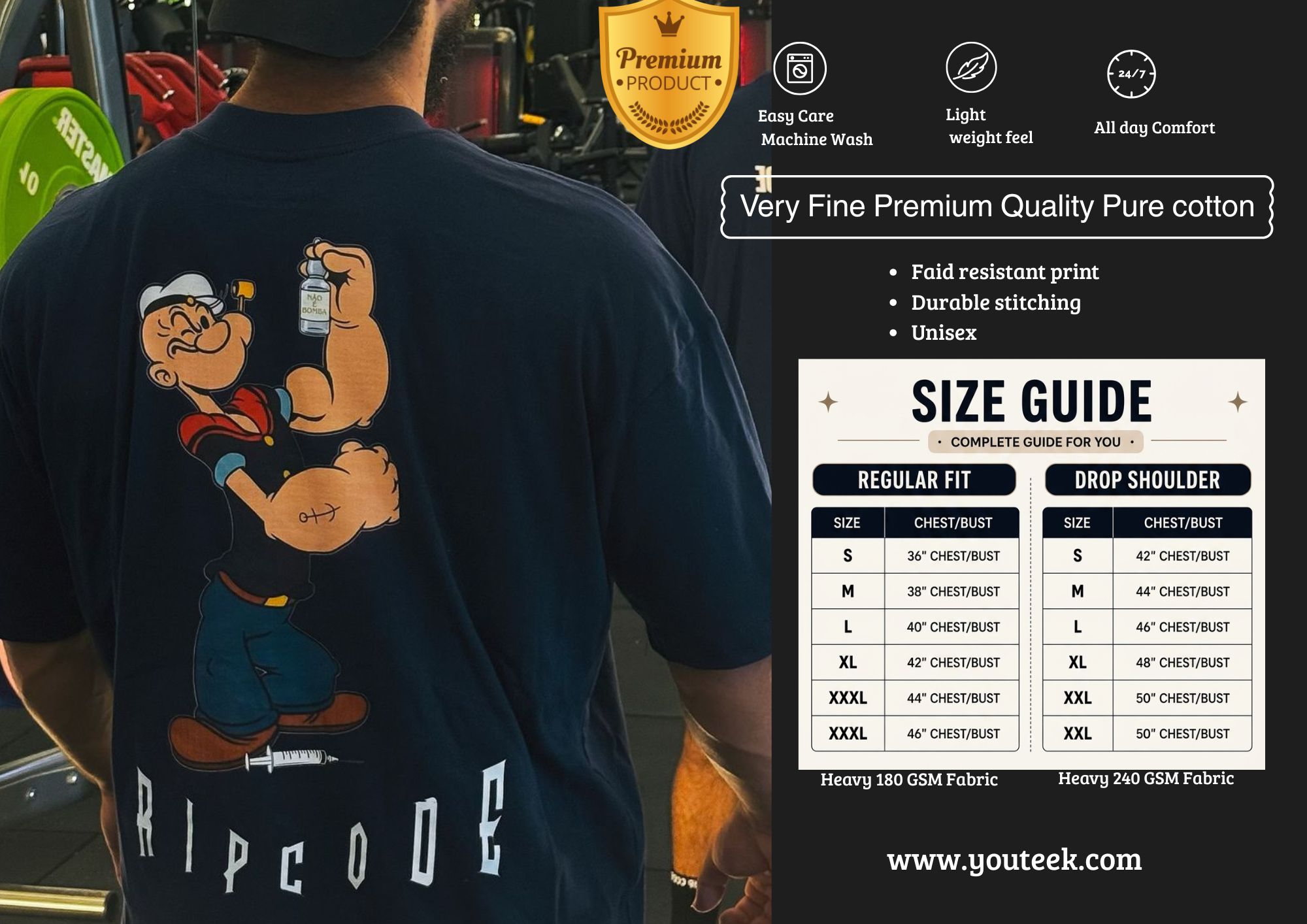 Popeye Gym Tshirt | 180 GSM Cotton Workout Tee – Youteek 1 Popeye Gym Tshirt by Youteek – soft 180 GSM cotton gym tee with bold Popeye print. Unisex regular fit, breathable & durable. Perfect for workouts & daily wear. Shop now Popeye Gym Tshirt