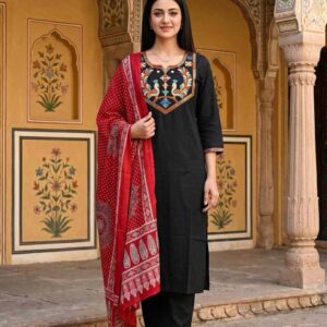 Premium Cotton Heavy Embroidery Kurti Pant Dupatta Set