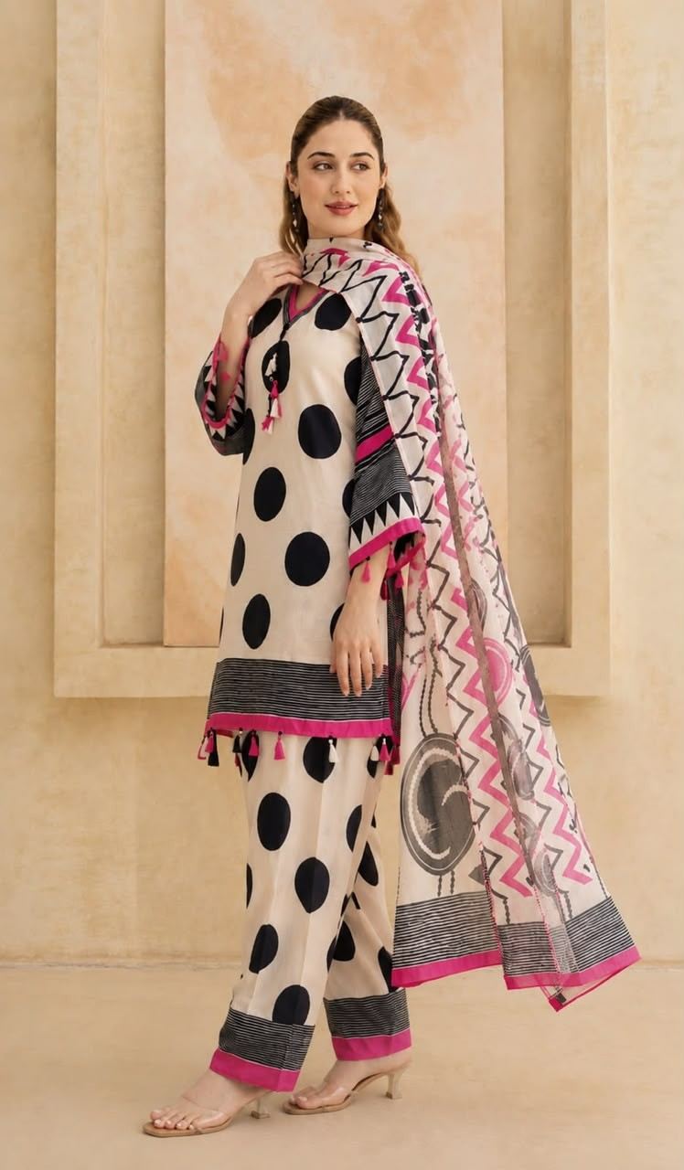 Printed Cotton Kurta Pant Dupatta Set with Heavy Tassel | Youteek 2 Stylish Printed Cotton Kurta Pant Dupatta Set with Heavy Tassel featuring front dori and heavy tassels. Soft cotton 60x60 fabric. Complete 3-piece set for daily & casual ethnic wear. Printed Cotton Kurta Pant Dupatta Set with Heavy Tassel | Youteek - Image 2