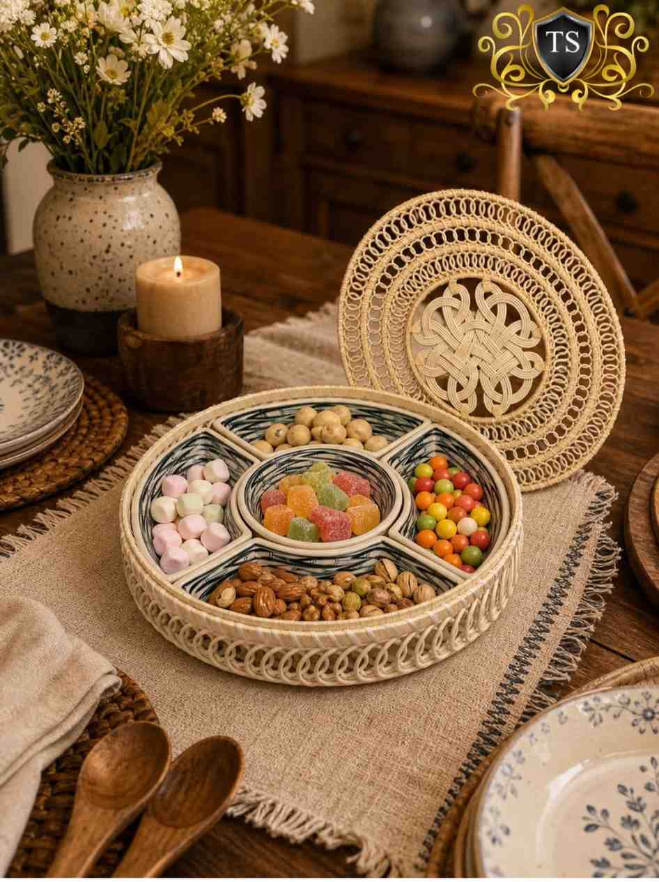 Rattan Dry Fruit Box with Ceramic Jars 2026 | Multi-Storage Box | Youteek 4 Organize and serve in style with this Rattan Dry Fruit Box with Ceramic Jars. Handcrafted design with 5 removable ceramic jars – ideal for festive serving and storage. Rattan Dry Fruit Box with Ceramic Jars